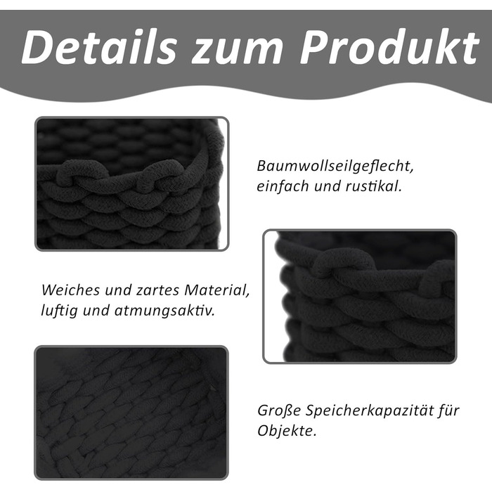 Кошик для зберігання, 2 шт., плетений бавовняний в&39язаний кошик, 19x15x12 см, плетений кошик для зберігання, плетена бавовняна мотузка, для спальні, коробки для зберігання у вітальні (чорні), чорні, 2 шт.