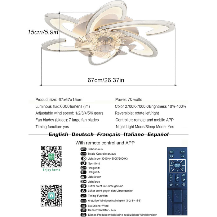 Стельовий вентилятор Bossen з підсвічуванням, 67см, 70Вт тихий сучасний світлодіодний стельовий вентилятор з пультом дистанційного