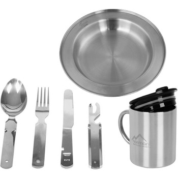 Набір посуду для пікніка та кемпінгу 8 предметів з нержавіючої сталі дорожній набір приборів, тарілка для вулиці, набір столових приборів Бундесверу (5-1), термокружка з кришкою та контейнер, відкривачка для пляшок сріблястий