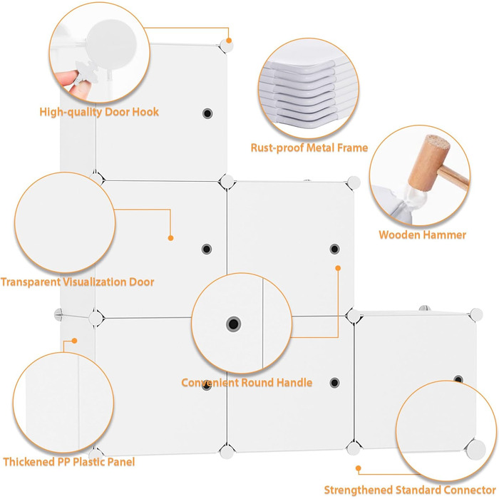 Кубоподібний модуль для зберігання з дверцятами, 6 кубічних полиць, гардеробна шафа, модульна пластикова полиця, ідеально підходить для спальні, 93,5 см Д x 31,8 см Ш x 93,5 см В, молочно-білий, USHS3006M-DOOR