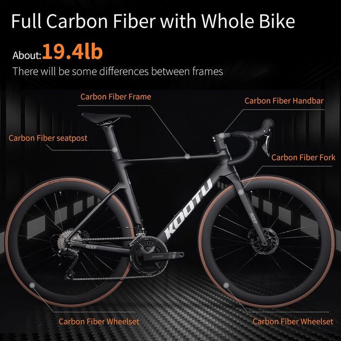 Карбоновий шосейний велосипед KOOTU, легкий шосейний велосипед з повністю карбоновими дисковими гальмами, 24-швидкісною групою R7120 та гідравлічними дисковими гальмами для дорослих