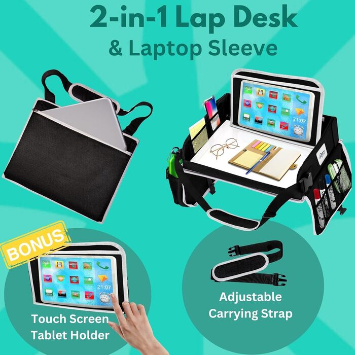 Мобільний робочий стіл для ноутбука та планшета TravelMate зручний піднос для подорожей, навчання та роботи з сумкою для зберігання, регульованим ременем та чохлом для планшета (до 15.6 дюймів), чорний