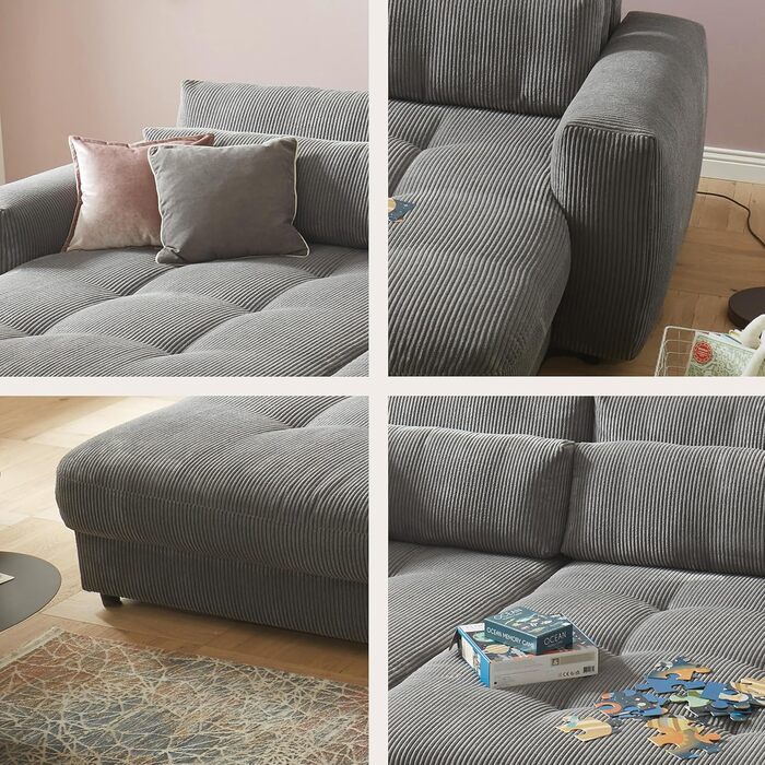Великий диван BARURA Cord темно-сірого кольору XXL диван з великою спальною зоною, сучасний диван 292x194 см, включаючи подушки для ніг