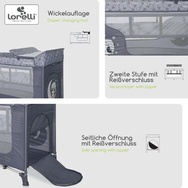 Дитяче ліжечко та манеж Lorelli 3-в-1, Moonlight 2 рівні, бічний вхід, ліжечко з народження, дитяче ліжечко для подорожей, пеленальний килимок, колеса, сумка, сірий/світло-сірий