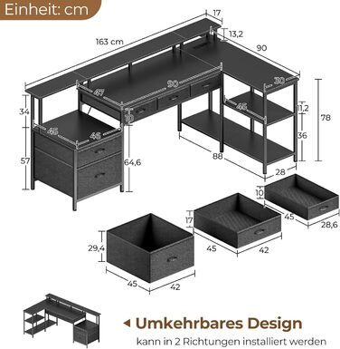 Г-подібний стіл Rolanstar з шухлядами, двосторонній ігровий стіл з розеткою, світлодіодним освітленням та підставкою для монітора, комп&39ютерний стіл 163 см для офісу, кабінету, спальні, чорний