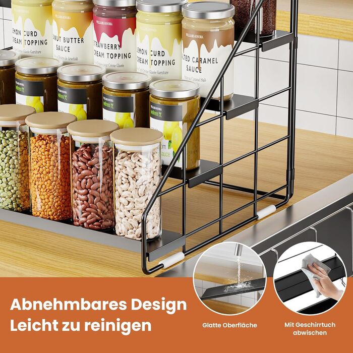 Рівнева стійка для спецій - регульована по висоті (2/3/4 рівні) та не потребує свердління - чорна металева стійка для спецій з S-подібними гачками та етикетками - органайзер для спецій для кухні, шафи, ванної кімнати, 1 упаковка, 4-