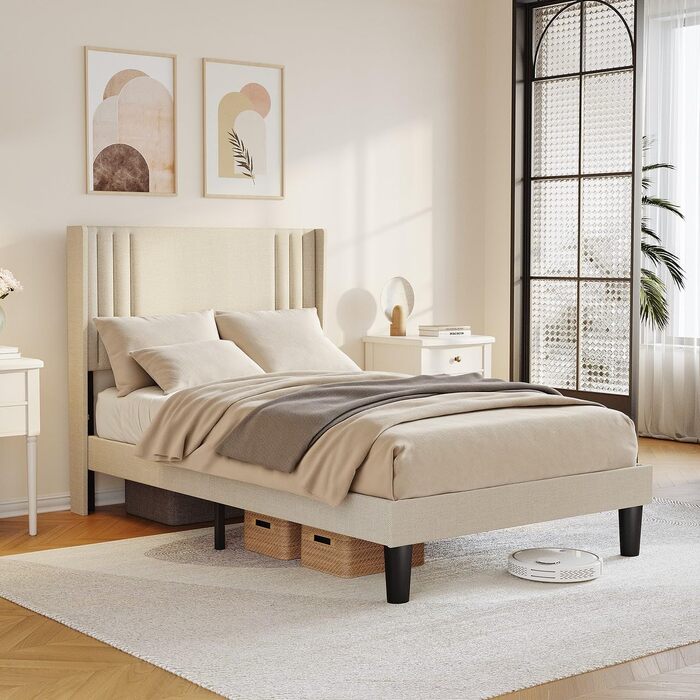 Ліжко Bealife з м&39якою оббивкою 120 x 200 см з рейковою основою міцний каркас ліжка з дерева та металу, м&39яке двоспальне ліжко з узголів&39ям для спальні та дитячої кімнати (бежевий, 120 * 200 см)