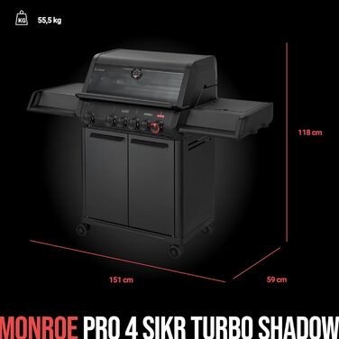 Газовий гриль Enders MONROE PRO 4 SIKR TURBO SHADOW 4 сталеві пальники, бічний пальник, інфрачервоний задній пальник, оглядове вікно, HEAT RANGE, SWITCH GRID, TURBO ZONE 800 C, SIMPLE CLEAN, включаючи SEARGRATE, 8366 PRO 4 SIKR SHADOW