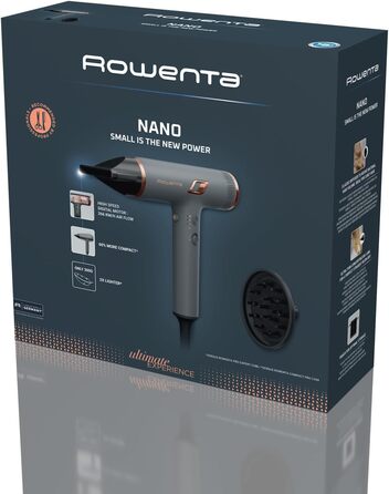 Фен для волосся Rowenta Maestria Nano, швидкий, іонічний та легкий, HY8120 Сірий/Рожеве золото