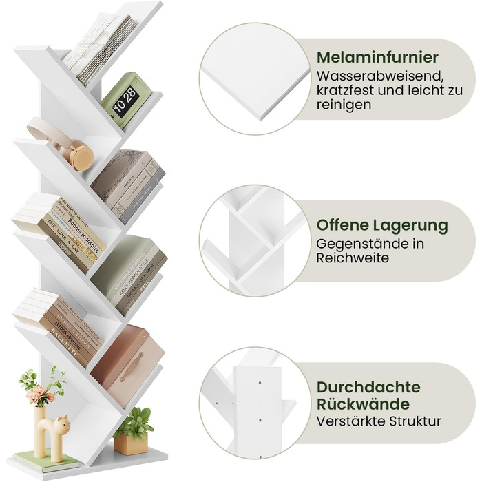 Книжкова полиця EUGAD у формі дерева, окремостояча полиця для CD/DVD з 9 полицями, полиця для зберігання, кутова полиця для спальні, вітальні, 40x127x20 см, білий