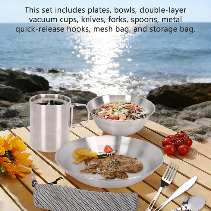Набір столових приборів SUNGOOYUE, столові прибори з нержавіючої сталі, набір посуду для кемпінгу з двошаровими вакуумними чашками, тарілками, мисками, ножами, виделками, ложками для кемпінгу, пікніків, подорожей