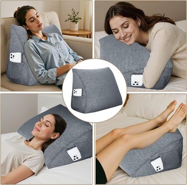 Ортопедична клиноподібна подушка - Ергономічна спинна подушка для ліжка та дивана зі знімним чохлом, ідеально підходить як подушка для читання та спинка (темно-сіра, 45x20x35 см)