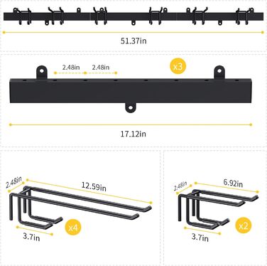 Тримач для інструментів Bomclap Garages 51 дюйм, металевий настінний гачок 12 гачок Стійка для інструментів Настінний тримач інструментів для гаражів Підвальна майстерня Мітла Граблі Органайзер для інструментів (чорний)