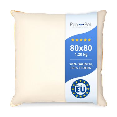 Пухова подушка pen pol 80x80 см 1200 г Наповнювач 70 пух 30 пір&39я Подушка для сну Натуральний наповнювач Чохол для подушки для ліжка 100 бавовна Дихаюча та зберігає розміри Зроблено в ЄС Екрю 80 x 80 см