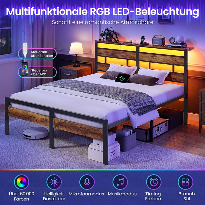 Ліжко 140x200 з металевою рейковою основою, двоспальний каркас ліжка 140x200 см зі світлодіодним освітленням та зарядною станцією (2 розетки змінного струму, 1 порт USB та 1 порт Type-C), металеве ліжко з узголів&39ям, чорно-коричневе, 140x200 см