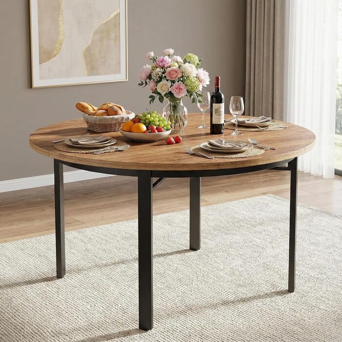 Круглий обідній стіл Lailang 120 см, дерев&39яний обідній стіл, для 4-6 осіб з металевими ніжками, стільниця з МДФ, дерев&39яного композиту, 118,5 x 118,5 x 76 см, коричневий, для їдальні та кухні