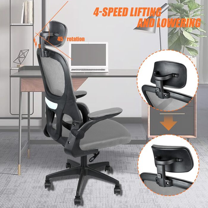 Ергономічне офісне крісло OHMG з дихаючою сітчастою спинкою та сидінням, регульованою по висоті, комп&39ютерне крісло з можливістю нахилу та коліщатками, ігрове крісло, офісне крісло (сіре, 125 x 65,5 x 64 см) Сірий 125 x 65,5 x 64 см