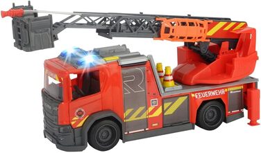 Пожежна драбина Dickie Toys Scania з поворотною драбиною, функція розпилення води, Rosenbauer, світло та звук, вкл. батарейки, з висувною поворотною драбиною та опорними ніжками, 25 см, червона