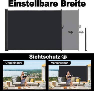 Бічний тент Aufun з алюмінію 200 x 300 см, розсувний непрозорий сонцезахисний тент з настінним кріпленням для балкону, тераси, саду - антрацитовий 200x300 см