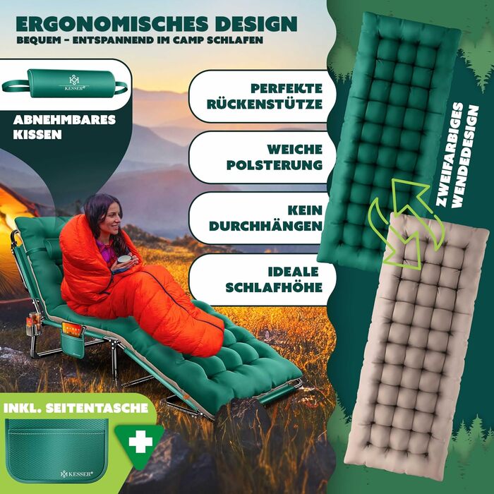 Складане кемпінгове ліжко KESSER, 190 x 68 x 30 см, вантажопідйомність до 250 кг, виготовлене з тканини Оксфорд та міцного сталевого каркасу сумка для перенесення, подушка для шиї, бічна кишеня та тримач для напоїв, ідеально підходить для кемпінгу, зелени