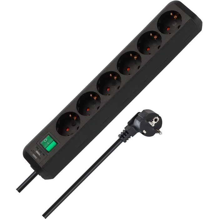 Розетка на 6 розеток (розетка на 6 розеток з посиленим захистом від дотику, вимикачем і кабелем 3 м) чорна