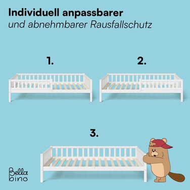 Дитяче ліжко Bellabino Vils 90x200 см Ліжко для малюків, що розкладається до 90x190 см, із захистом від падіння та рейковою основою Дитяче ліжко Монтессорі з масиву сосни білого кольору для хлопчиків та дівчаток. Біле з гостьовим ліжком (матрац не входить