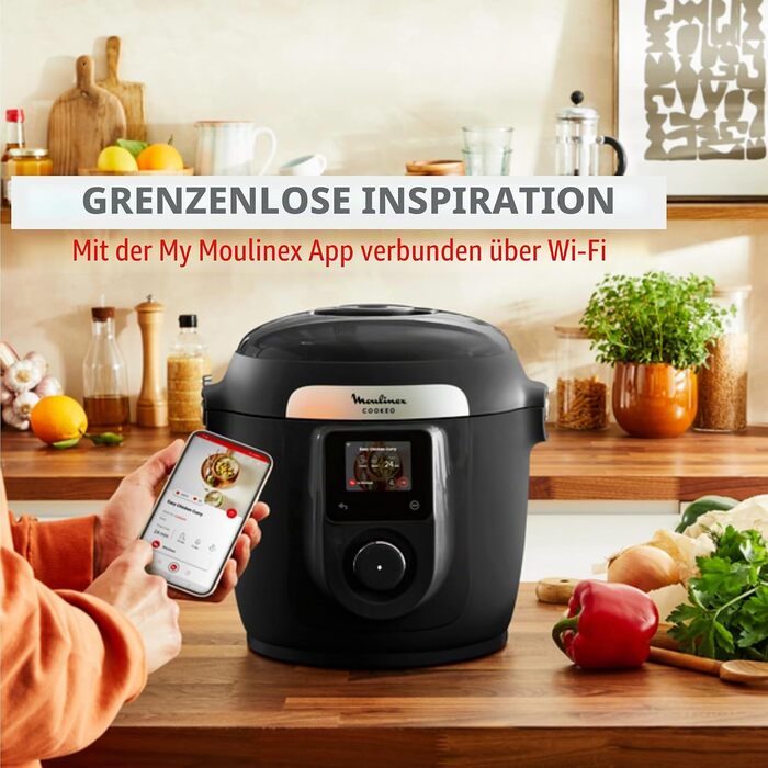 Мультиварка-скороварка Moulinex Cookeo Wi-Fi 10-в-1, 10 режимів приготування, покрокові інструкції, CE96G810, чорна