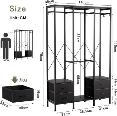 Відкрита шафа, вішалка для одягу, вішалка для пальто з 4 шухлядами, міцна вішалка для одягу, для спальні, вітальні, передпокою, чорна