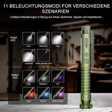 Акумуляторний світлодіодний ліхтарик ASORT, суперяскравий 2000 люмен, магнітний тактичний ліхтарик-ручка з затискачем, 10 режимів, маленький компактний УФ-ліхтарик, розбивач скла та відкривачка для пляшок, для надзвичайних ситуацій, кемпінгу та домашнього