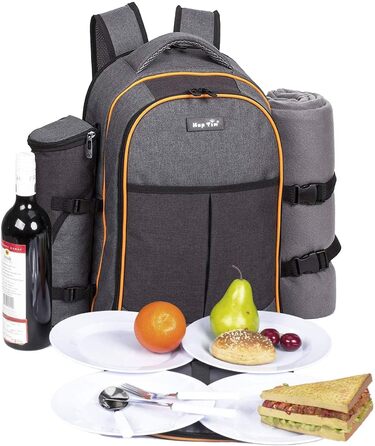 Рюкзак для пікніка Hap Tim для 4 осіб з ізольованим відділенням-холодильником, тримачем для вина, флісовою ковдрою, набором столових приборів, подарунками на заручини для пар, подарунком на весільну вечірку, подарунками на весілля (EU-36021) 4 особи сірог
