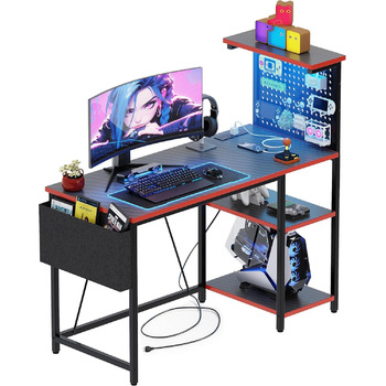 Ігровий стіл 120 x 50 см з перфорованою дошкою, розеткою та невеликим комп&39ютерним столом з двосторонніми полицями та сумкою для зберігання для домашнього офісу, чорний 120 x 50 см