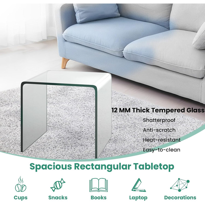 Скляний журнальний столик LIFEZEAL, N-подібний, сучасний скляний приставний столик, прозорий стіл для вітальні, офісу, готелю, макс. 30 кг, 45 x 45 x 41 см