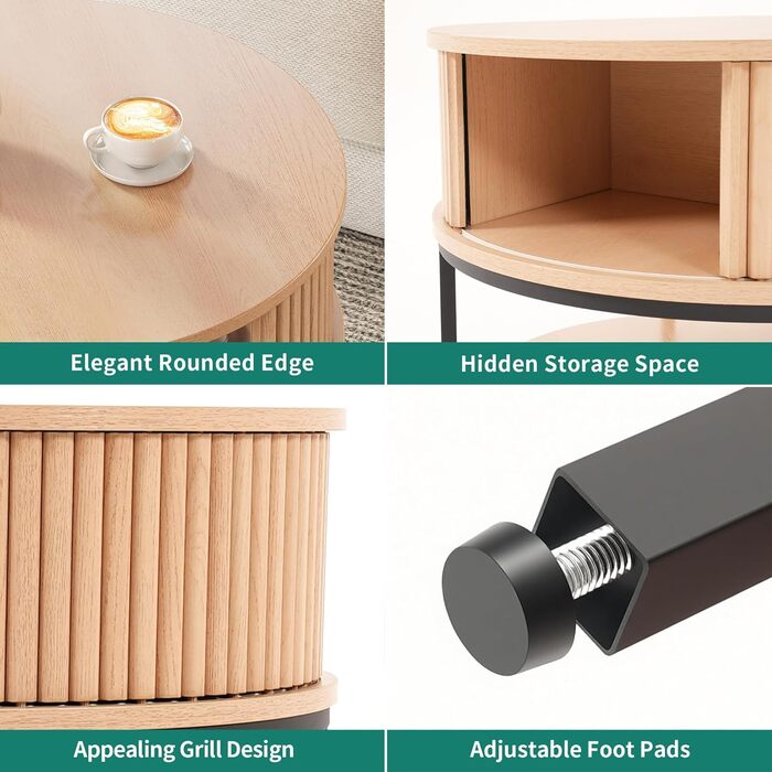 Круглий журнальний столик YITAHOME, журнальний столик з 2-рівневим місцем для зберігання, журнальні столики з розсувними дверима в дизайні тамбура для вітальні, дерев&39яні журнальні столики, дуб класичний
