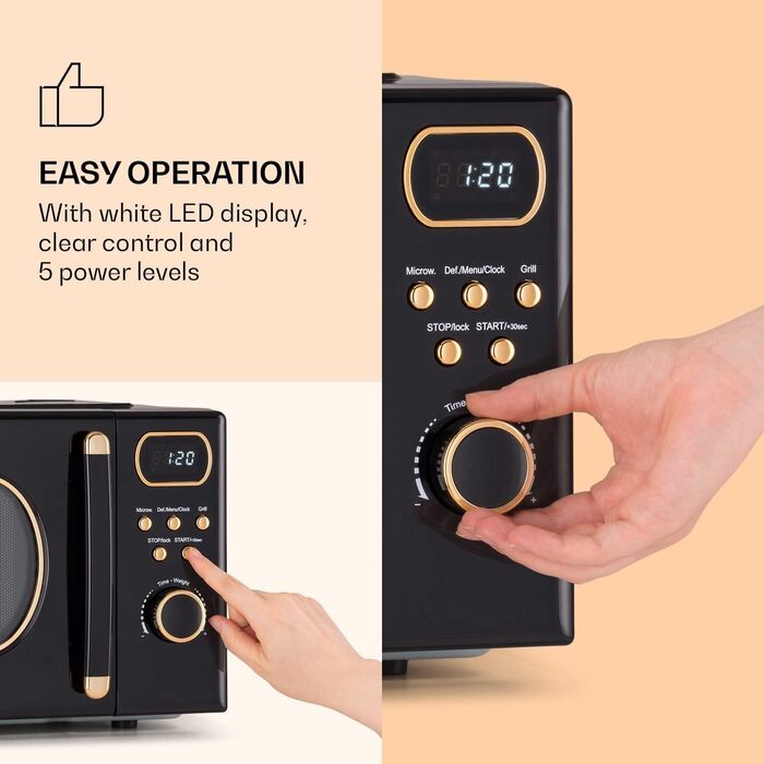 Мікрохвильова піч Klarstein з грилем, мікрохвильова піч 800 Вт маленька, мікрохвильова піч з нержавіючої сталі 3-в-1 чорна, маленька мікрохвильова піч на 20 літрів з функцією розморожування та піци, поворотний стіл, економія місця, простий у використанні
