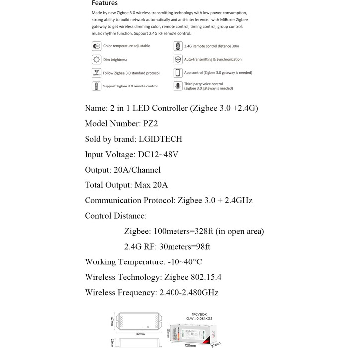Потужний світлодіодний контролер світла 2-в-1, постійний струм 12-48 В, максимальна вихідна потужність 20 А, сумісний із Philips Hue, 2 Miboxer Zigbee 3.0