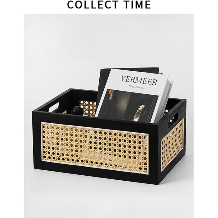 Бамбуковий прямокутний кошик для зберігання, плетений кошик з чорного дерева з ручкою, настільні кошики для зберігання для дому, офісу, шафи, полиці (L)