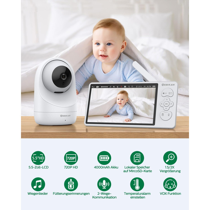 Дюймовий радіоняня Sebikam з 2 камерами, екран HD 720P, відеоняня, батарея 4000 мАг, відеоняня PTZ 355, режим VOX, нічне бачення,