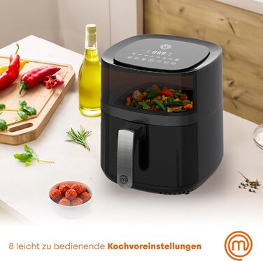 Фритюрниця MasterChef 5.5 л фритюрниця 1500 Вт, фритюрниця гаряче повітря без жиру для 4-6 осіб, фритюрниця з цифровим сенсорним екраном і 7 програмами, попередній нагрів і підтримання тепла, 80-200C 5.5 л