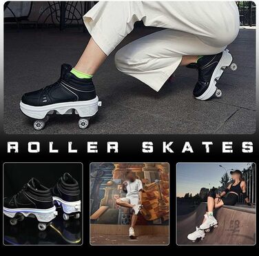 Роликові ковзани для хлопчиків та дівчаток, скейтборд взуття зі світлодіодними миготливими вогнями, 4-колесне автоматичне висувне, зручне спортивне взуття для дітей та дорослих, чорне, розмір 35 EU