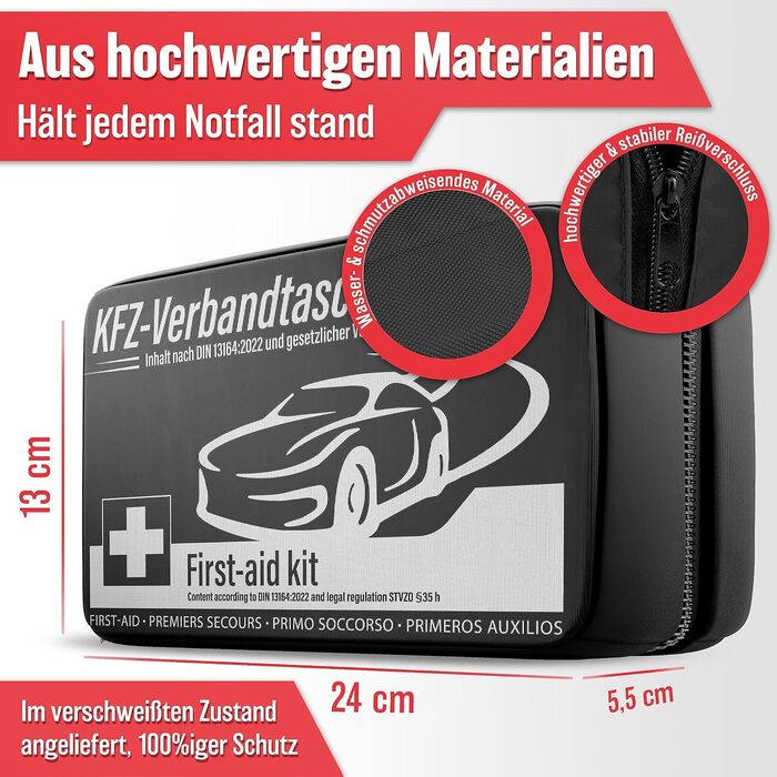 Автомобільна аптечка 2024 ЄВРОПЕЙСЬКА ДІЙСНА та протестована (відповідає StVO) - Автомобільна аптечка сертифікована за DIN 13164 -