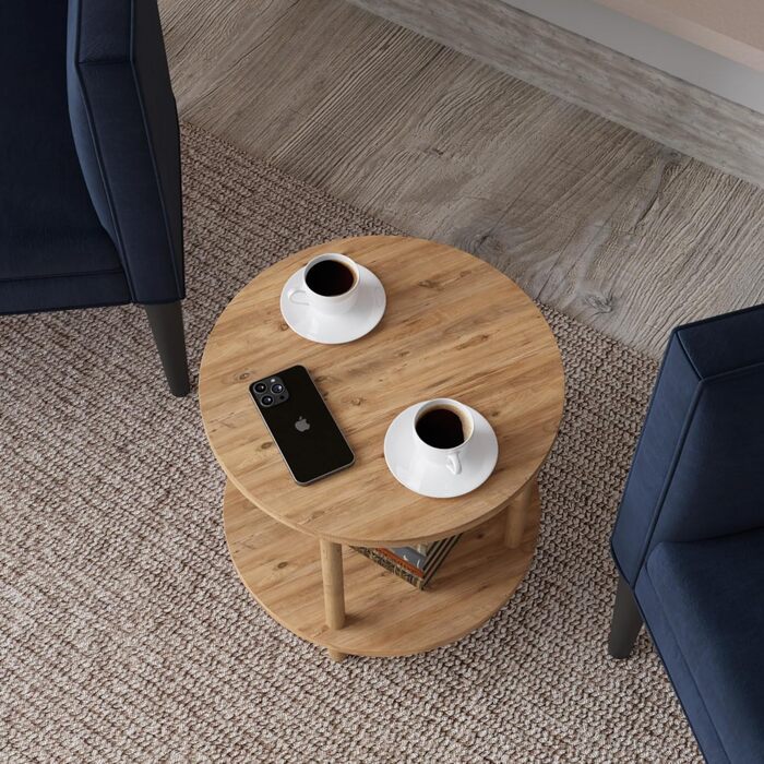 Круглий журнальний столик VES стіл для вітальні з нижньою полицею 49 x Ø 42 см тумбочка для ліжка диванний столик під дерево