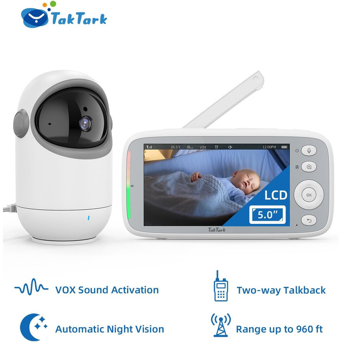 Монітор-няня з камерою, 5&39&39 720P IPS Монітор-няня з камерою Відео-няня з камерою з поворотною камерою Pan-Tilt 300 Монітор-нян