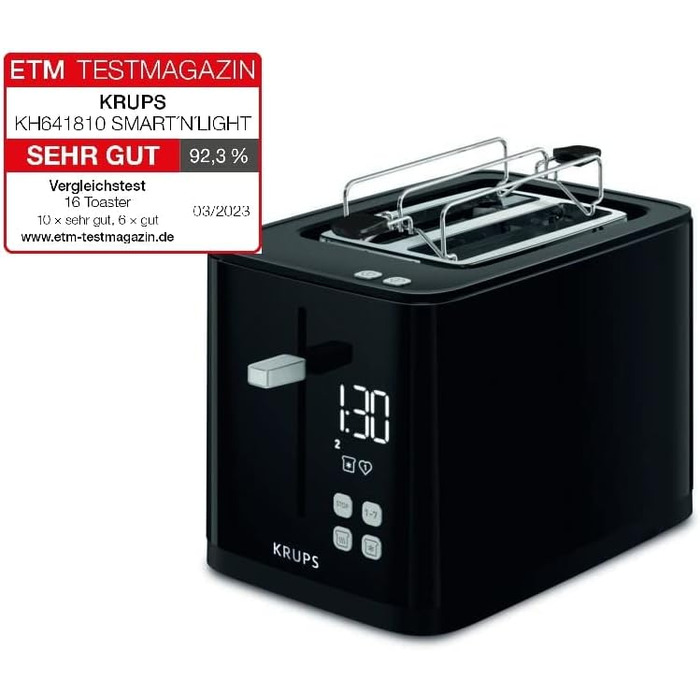 Тостер Krups KH641810 Smart'n Light тостер на дві скибочки цифровий дисплей 7 рівнів підсмажування знімний лоток для крихт зворотн