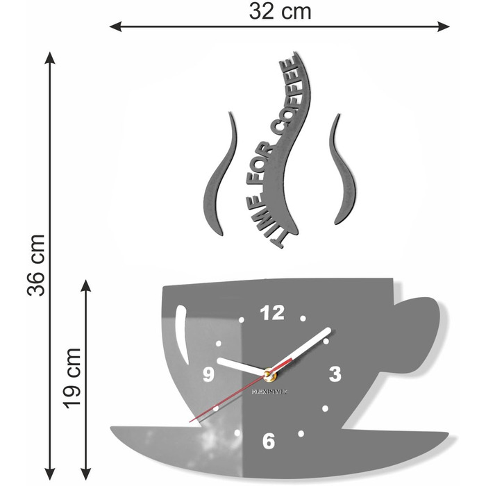 Настінний годинник FLEXISTYLE Time for Coffee для сучасної кухні, сірий, 3D римські цифри, декор для стін, 32 x 19 см