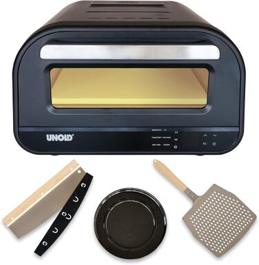 Піч для піци Don Luigi - чорна, електрична духовка, 1,700 Вт, нержавіюча сталь, до 400 C, всього приблизно 2 хв. час випічки, включаючи камінь для піци, шкірку для піци, форму для випічки піци, різак для піци, 68815