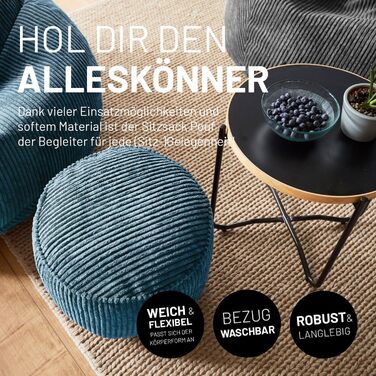 Пуф-мішок Lumaland Corduroy Компактний ігровий пуф об&39ємом 50 літрів з функцією 3-в-1 зручний стілець, практичний бічний столик та стильна підставка для ніг для приміщень Ø 25 x 45 см Темно-синій 25 x 45 см Темно-синій