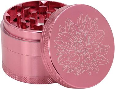 Преміум подрібнювач Cruncher Стійкий до ударів алюмінієвий подрібнювач Дробарка для спецій Подрібнювач спецій з квітами на кришці Магнітна Ø55 мм Металева кавомолка 4 шт. и рожева