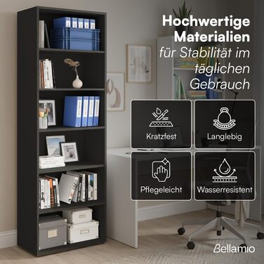 Книжкова полиця Bellamio Apol на 6 полиць - Антрацитово-чорна окремостояча полиця - Відкрита дерев&39яна полиця - Міцна полиця для вітальні, офісу та кабінету - Регульована по висоті полиця для документів 176x60x33 см Антрацитово-відкрита