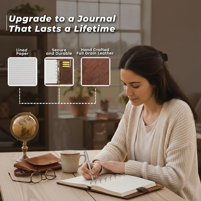 Планер Wanderings зі шкіри A5 сільський багаторазовий щоденник на 6 кілець органайзер ручної роботи зі справжньої шкіри сумісний з Filofax. 100 аркушів, 200 сторінок у лінійку 6&39 x 8,5&39 / 22 x 15 см