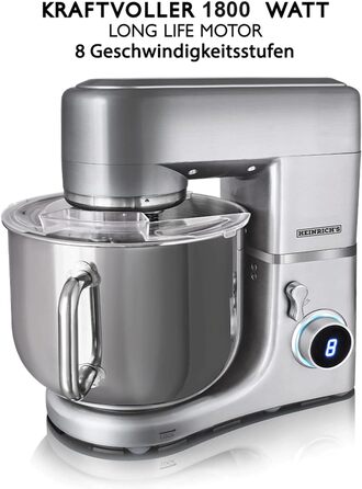 Кухонний комбайн HEINRICHS Чаша з нержавіючої сталі 1800 Вт Потужні запатентовані гачки для тіста, 8-ступінчаста багатофункціональна машина для замішування тіста з рідкокристалічним дисплеєм, Heinrich 's (12 літрів) 12 літрів XXXXL